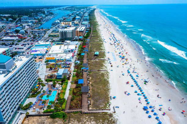 Aerial View of the Carolina Beach Oceanfront Looking North Aerial View of the Carolina Beach Oceanfront Looking North wilmington north carolina stock pictures, royalty-free photos & images