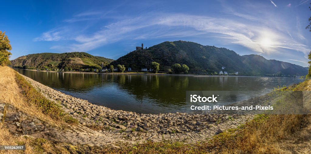 View of Sankt Goarshausen on the Rhine and Katz Castle in the morning light View of Sankt Goarshausen on the Rhine and Katz Castle in the morning light in summer Accidents and Disasters Stock Photo