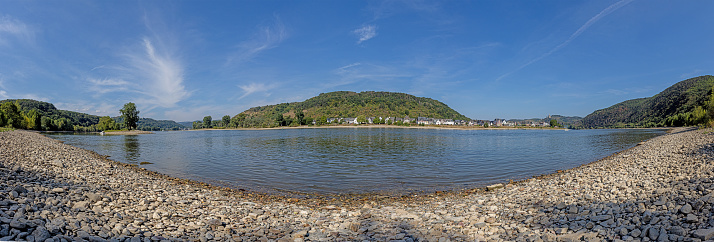 Daytime view of the German town of Stay on the Rhine river during the record low water level in the summer of 2022