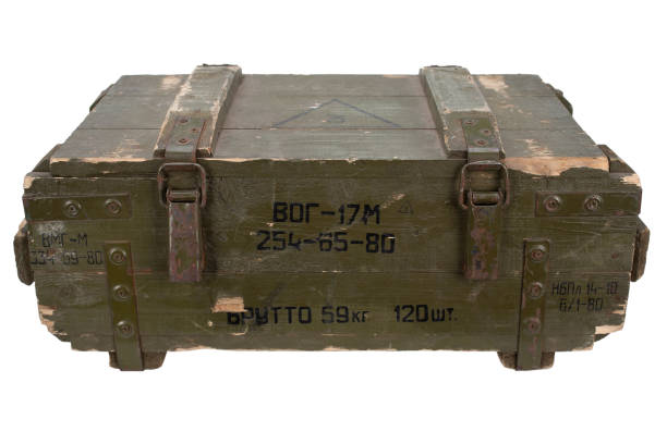 istock Soviet army ammunition green crate. Text in russian - type of ammunition, projectile caliber, projectile type, number of pieces and weight. 1415264151