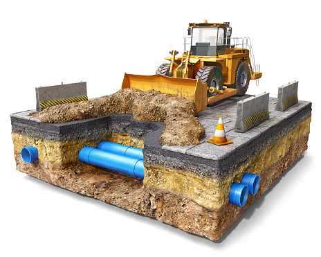 Yellow bulldozer is filling in the pit, soil mound is ahead with road barriers and cones and underground blue pvc pipes in the hole, isolated on a slice of ground, 3d illustration