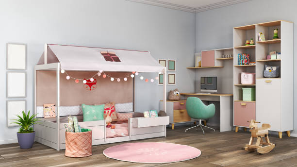 istock Modern spacious children room with creative bed and study area, 3d illustration 1415264370