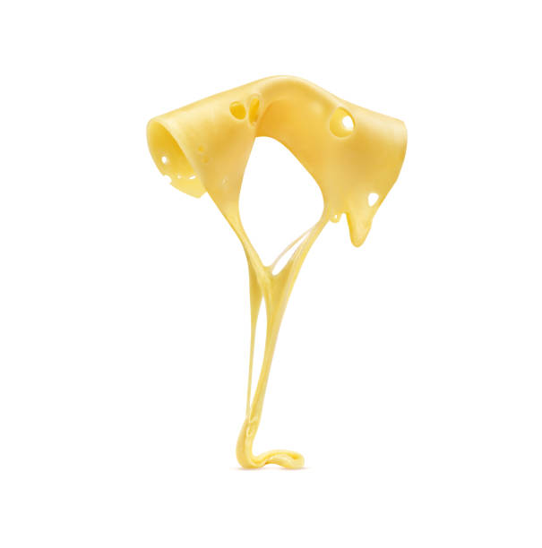melted cheese flows in the air on a white background stock photo