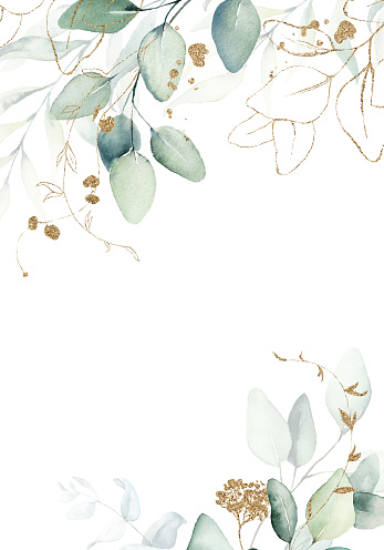 Watercolor floral illustration with gold branches - green leaf frame / border, for wedding stationary, greetings, wallpapers, fashion, background. Eucalyptus, olive, green leaves, etc.