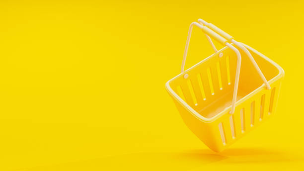 Yellow shopping basket isolated on yellow background. Can be used in e-commerce banner or shop online background. Designed in minimal concept, 3D Render.