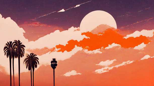 illustrazioni stock, clip art, cartoni animati e icone di tendenza di deep orange california tramonto cielo - hollywood los angeles