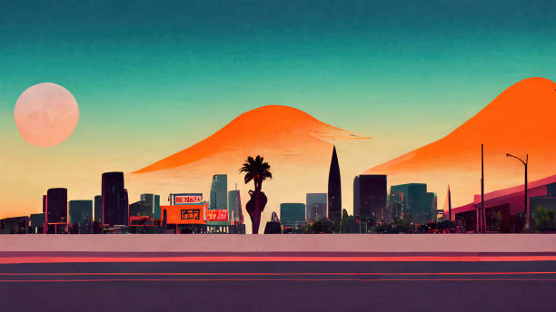 ilustrações, clipart, desenhos animados e ícones de horizonte de hollywood, orange iluminou a cidade a partir de um pôr do sol - palm tree california city of los angeles venice beach