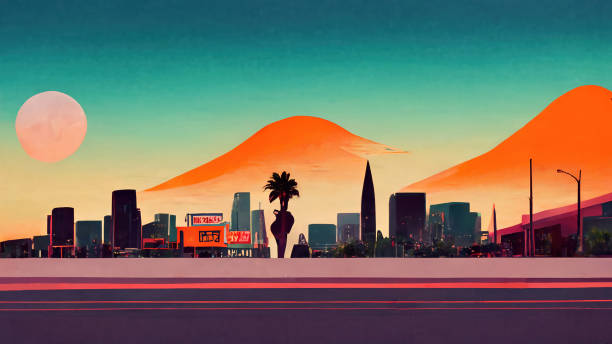 горизонт голливуда, оранжевый осветил город от заката - palm tree california city of los angeles venice beach stock illustrations