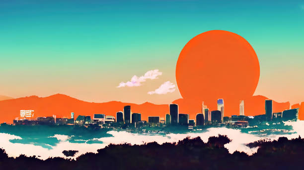 California skyline, Orange lit up city from a sunset Illustration of a Los Angeles skyline hollywood california stock illustrations