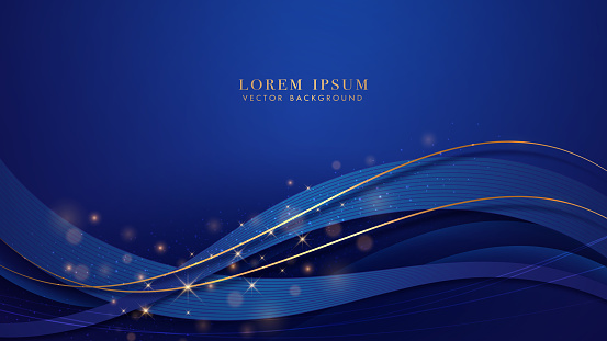 Blue background with golden lines, blue ribbon, glitter light effect and bokeh decoration. Luxury style design template concept. Vector illustration