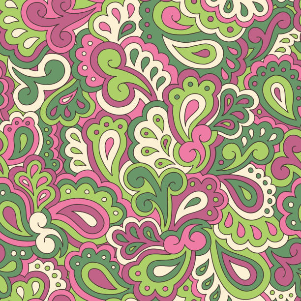 레트로 사이키델릭 소용돌이와 페이즐리 벡터 이음새가 없는 패턴 - paisley pattern seamless green stock illustrations