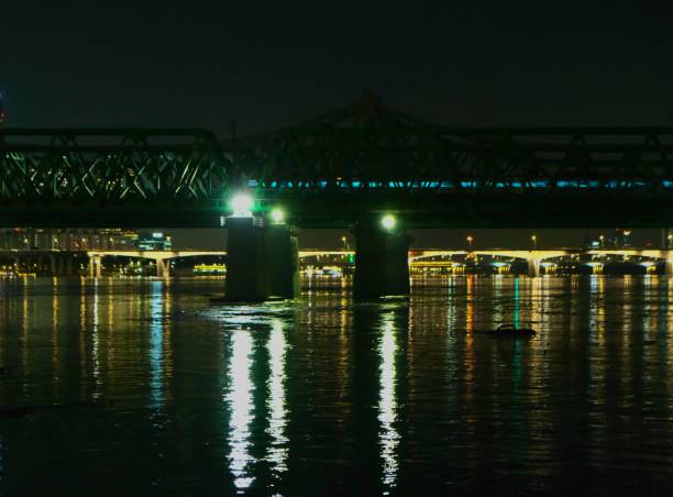 istock The bridge and running train in night 1415274915