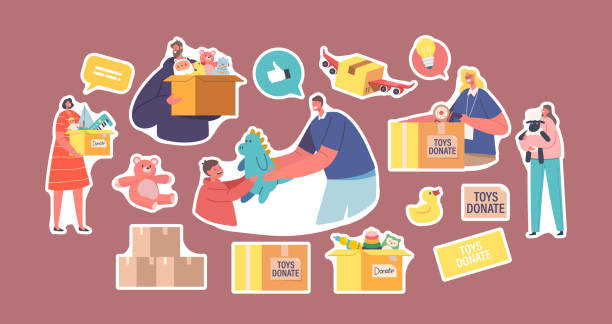 Set of Stickers Altruistic Help to Poor Kids, Volunteers Giving Toys to Kids from Donation Box with Goods for Children vector art illustration