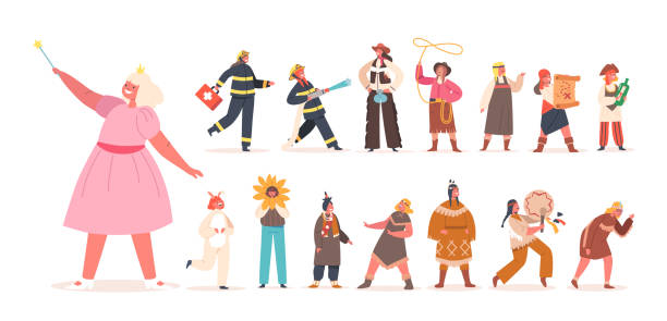 ilustraciones, imágenes clip art, dibujos animados e iconos de stock de conjunto de personajes de niñas divertidas y juegos aislados sobre fondo blanco. niños jugando en bomberos, indios - baby pirate costume toddler
