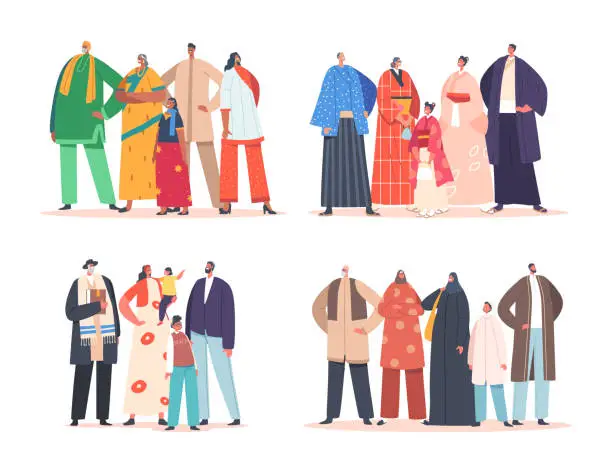 Vector illustration of Set of Traditional Happy Family Characters. Indian, Asian, Jewish and Muslim Father, Mother, Grandparents and Children