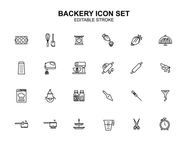 ベーカリー用品のベクターアイコンセット。編集可能なストローク。ホームベーカーツールのイラスト。スプーン、フォーク、ナイフ、はさみ、ブラシ、泡立て器、カッター、ヘラなど最小� - baker bakery chef bread点のイラスト素材／クリップアート素材／マンガ素材／アイコン素材