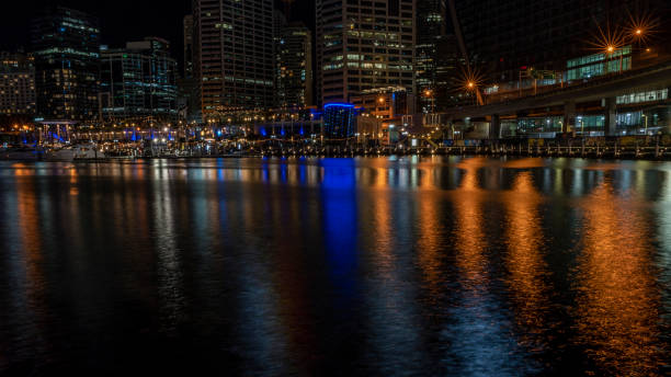 Light reflections on the water in Darling Harbour.