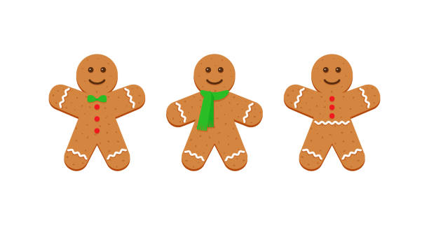 Three classic ginger bread man figures. Gingerbread Christmas cookies. Xmas cute biscuits. Three classic ginger bread man figures. Gingerbread Christmas cookies. Xmas cute biscuits. Noel holiday sweet dessert isolated on white background. Vector illustration. gingerbread biscuit stock illustrations