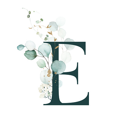 Watercolor Gold Green Floral Alphabet Letter Sign - capital E with white gold green botanic flower branch bouquet composition. Unique collection for wedding invites decoration, birthdays & other concept ideas.