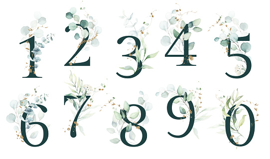 Watercolor Gold Green Floral Number Digit Sign Set - 1, 2, 3, 4, 5, 6, 7, 8, 9 with white gold green botanic flower branch bouquet composition. Unique collection for wedding invites decoration, birthdays & other concept ideas. Number one, number two, number three, number four, number five, number six, number seven, number eight, number nine, zero nil.