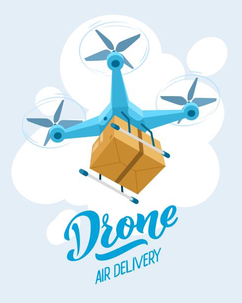 ilustrações, clipart, desenhos animados e ícones de drone para entrega aérea. entrega de drones robôs voadores, conceito de carregamento de robôs expressos. tecnologias modernas no transporte de cargas. ilustração vetorial de desenho animado - helicopter air vehicle business cargo container