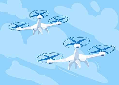 Flying drone with blue sky background, vector illustration. Cartoon drones flying in different angles.