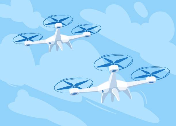 Flying drone with blue sky background, vector illustration. Cartoon drones flying in different angles Flying drone with blue sky background, vector illustration. Cartoon drones flying in different angles. drone stock illustrations