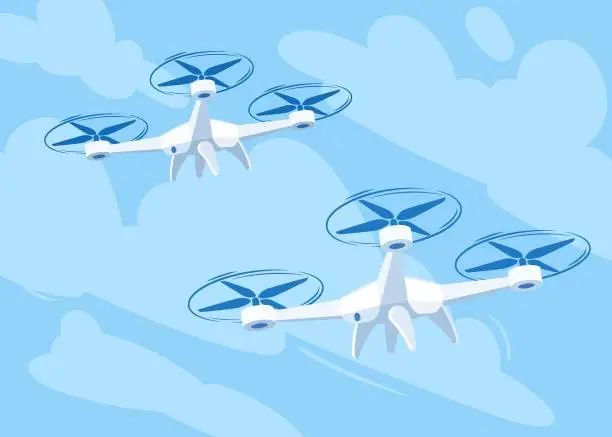 Vector illustration of Flying drone with blue sky background, vector illustration. Cartoon drones flying in different angles