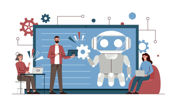 Workflow automation concept Workflow automation concept. Implementation of innovations in company or production. Modern technologies and digital world. Robot or bot for processing information. Cartoon flat vector illustration process automation office stock illustrations