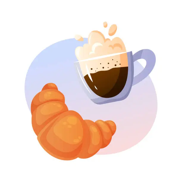 Vector illustration of Croissant and cup of coffee vector cartoon illustration isolated on gradient background.