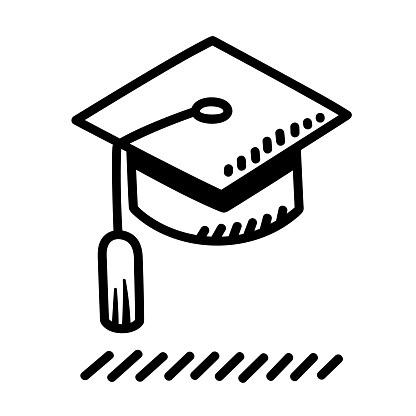 Vector illustration of a hand drawn black and white graduation cap against a white background.