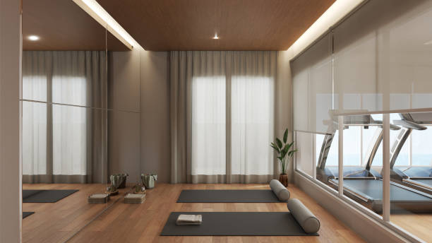 rendering 3d moderno studio di yoga con palestra sullo sfondo - blinds apartment living room contemporary foto e immagini stock