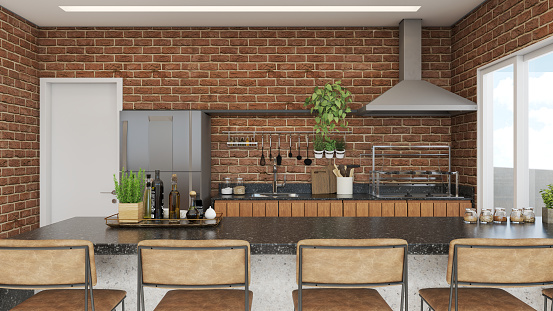 Front view of kitchen with barbeque grill, Fridge, sink and a brick wall