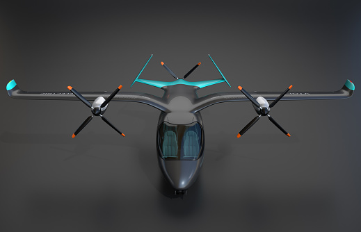 Front view of Electric VTOL passenger aircraft on black background. Urban Passenger Mobility concept. 3D rendering image.