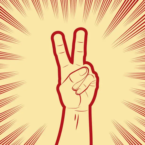 Vector illustration of Holding up the index and middle fingers to signal victory or peace in comics effects lines background