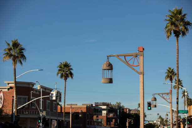 Scottsdale, Arizona, USA - January 4, 2022: Late afternoon light shines on the historic facades of Old Town.