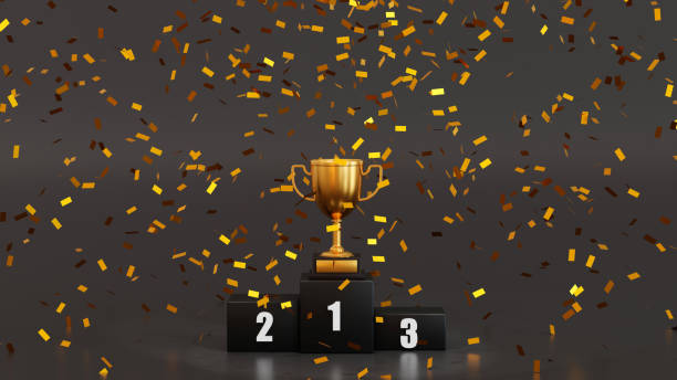 istock Gold champion trophy on winner 1, 2, 3 podium, stage for the first, second and third place, 3D rendering. 1415295967