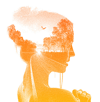 Multiple exposure of beautiful woman and Country road