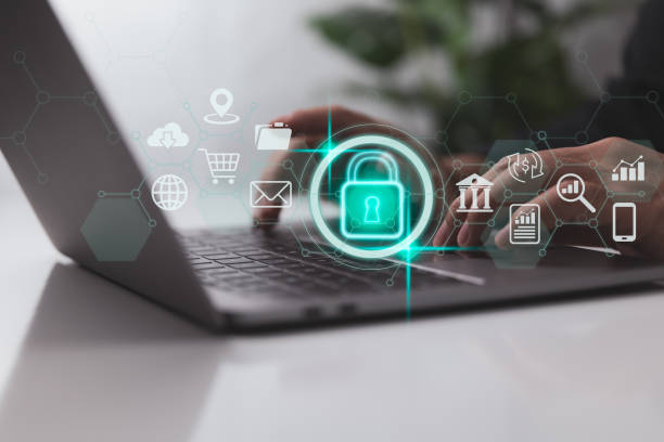 istock Security and privacy concepts for data. The lock symbol and internet network security. In this video, a businessman protects personal data using virtual screens. 1415300354
