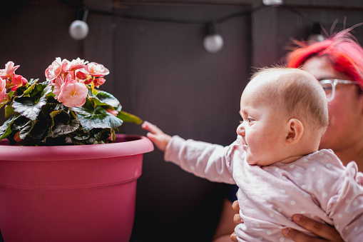 Portraits of a cheerful and beautiful hispanic mother and her daughter. They are enjoying some fresh air on their patio near a potted flower basket. The mom has dyed red hair.