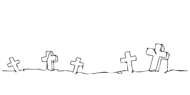 illustrazioni stock, clip art, cartoni animati e icone di tendenza di cimitero in linea continua stile modello vettoriale - christianity cross shape dirty grunge