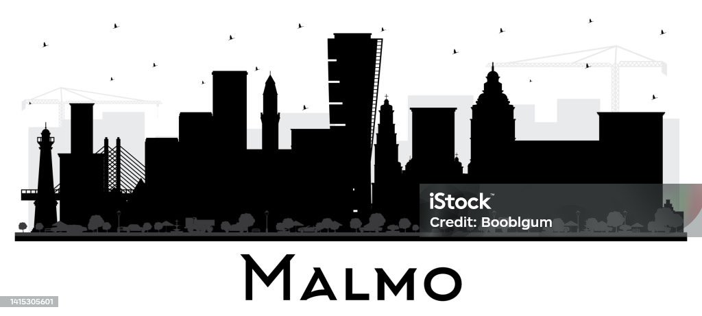 Malmo Sweden City Skyline Silhouette with Black Buildings Isolated on White. - Royaltyfri Malmö vektorgrafik