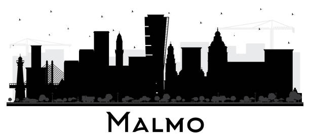 bildbanksillustrationer, clip art samt tecknat material och ikoner med malmo sweden city skyline silhouette with black buildings isolated on white. - malmö