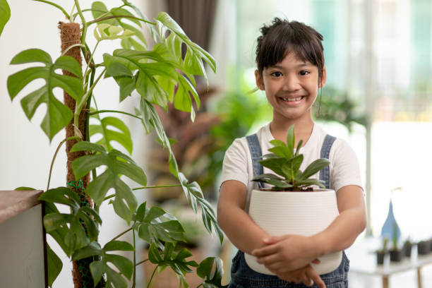 istock Potted plants at home held by a cute kid 1415310674