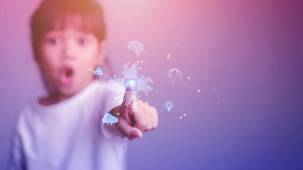 istock future technology, augmented reality and cyberspace concept - happy smiling girls touching virtual projection 1415312301