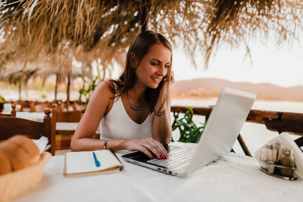 istock Woman using a laptop during her vacation at the seaside 1415313321