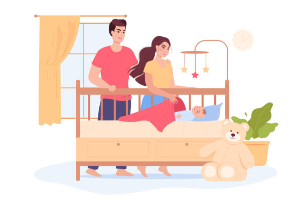 illustrazioni stock, clip art, cartoni animati e icone di tendenza di madre e padre che mettono il bambino a letto a casa - baby blanket illustrations