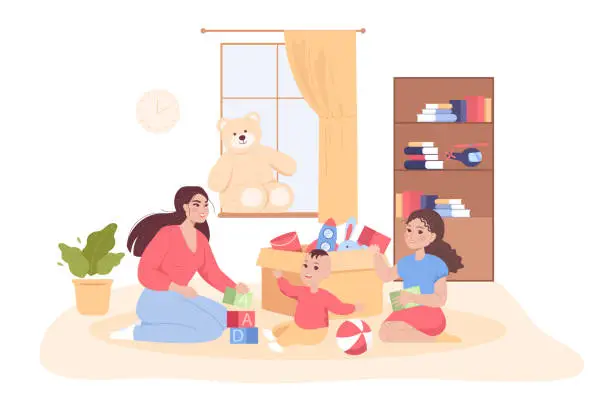 Vector illustration of Mother or nanny playing with kids at home