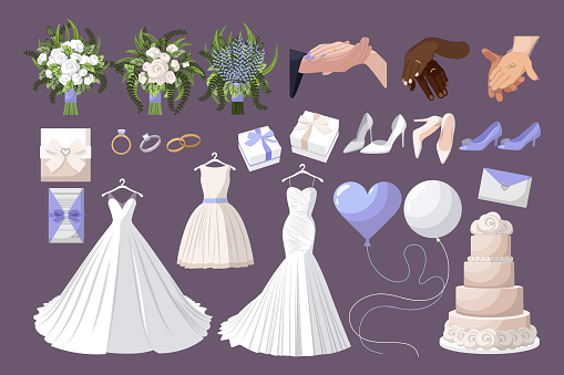 Various wedding accessories cartoon illustration set. Engagement rings on newlyweds fingers, brides dresses and bouquet, invitation card and festive cake. Marriage, party concept