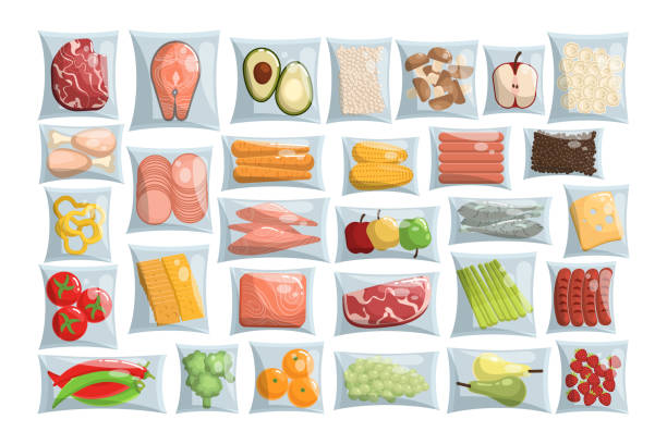 вакуумная упаковка продуктов мультяшный набор иллюстраций - fish protection stock illustrations